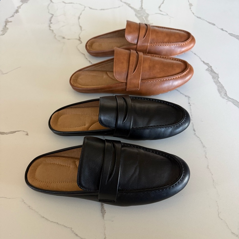2 Pair Mules Slip On Flat Shoes Cushioned Insoles Lug Soles Black Camel 8- 8 1/2 - Picture 9 of 16